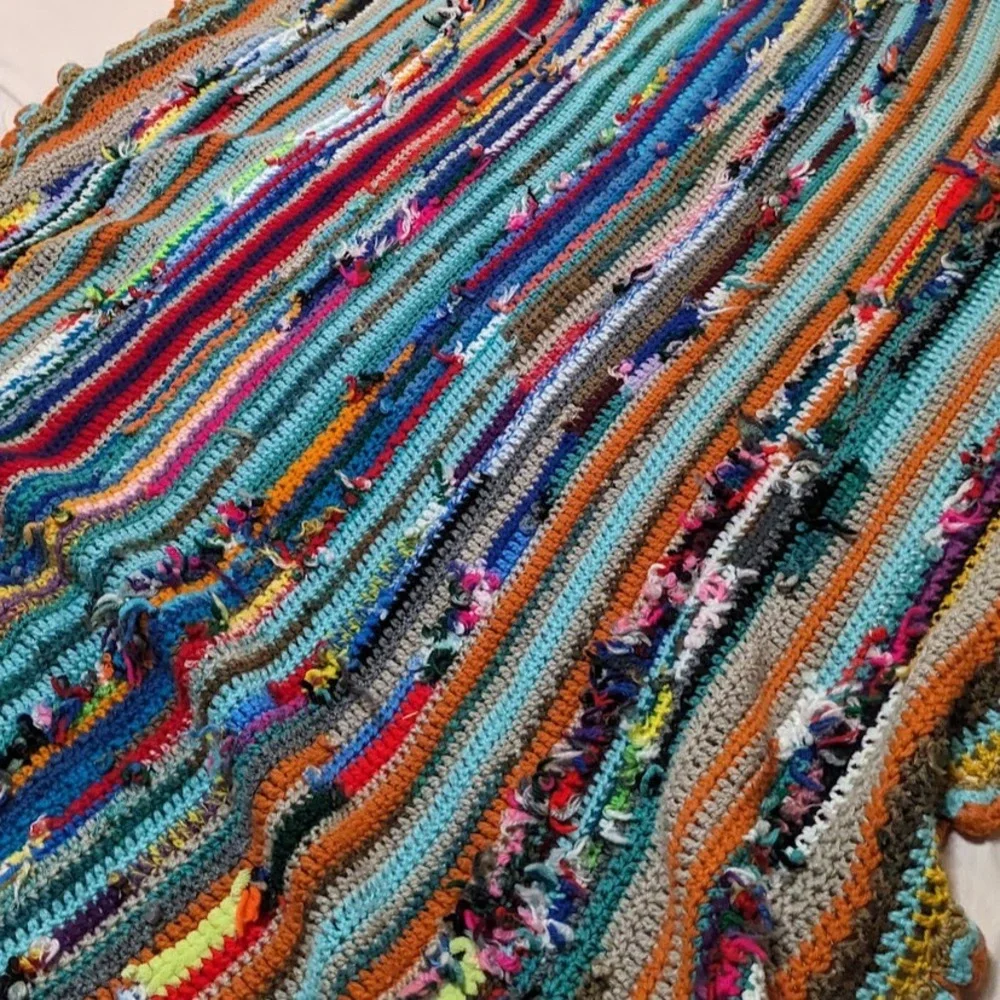 Handmade Crochet Scrap Yarn Blanket Multi Color Boho Striped Throw Scallop Edge